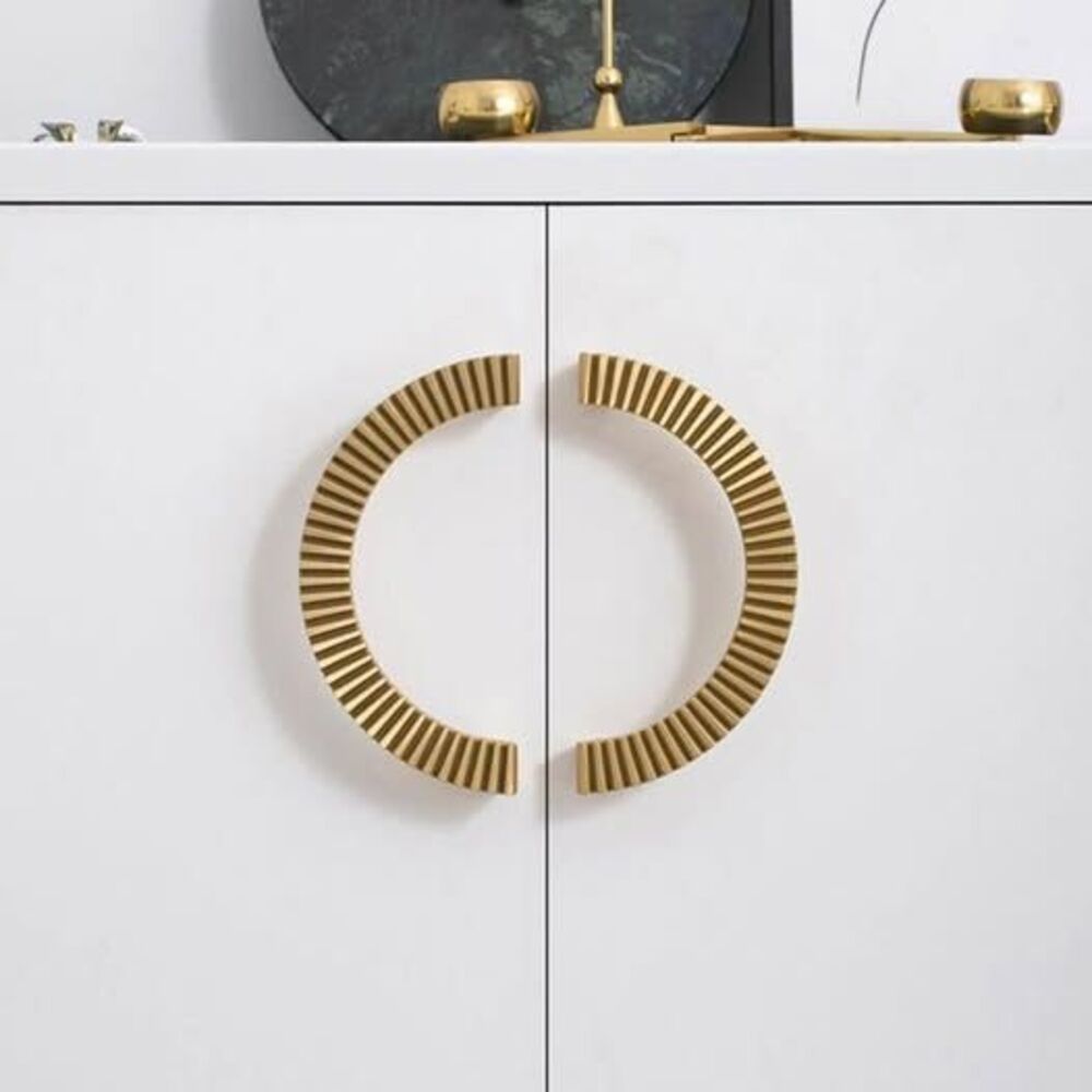 Solid Brass Arch Cabinet Pulls – Ribbed Modern Drawer Handles (3 Sets / 6 Total